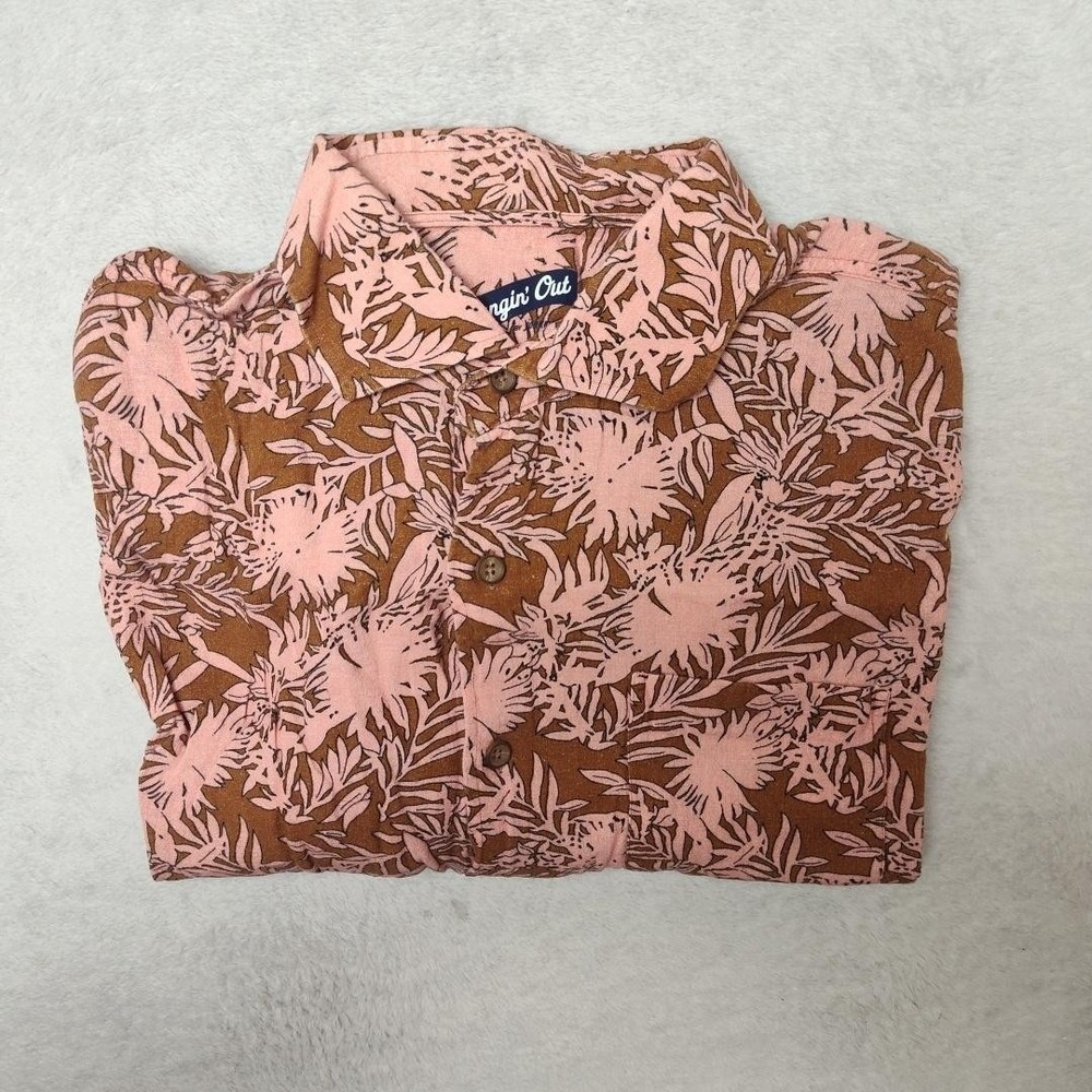 Johnnie O Shirt Mens L Brown Floral Button Short Sleeve Hangin Out Linen Rayon